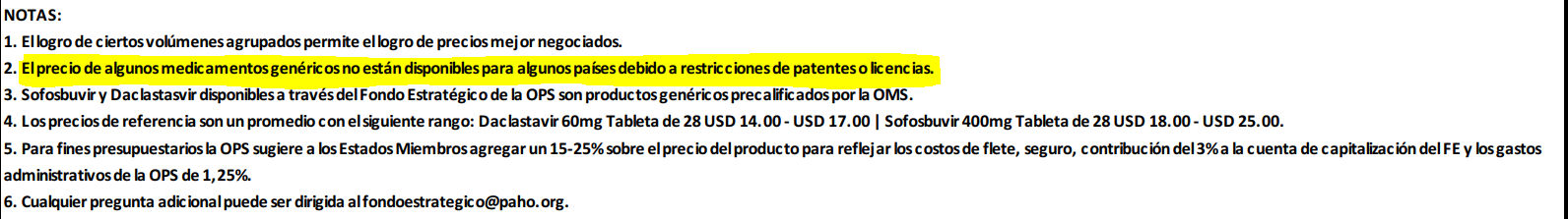 de acuerdo con la misma publicación de la OPS, los precios publicados de "no están disponibles para algunos países debido a restricciones de patentes o licencias"